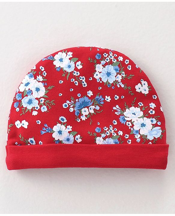 Babyhug 100% Cotton Knit Cap Mittens & Booties Set Floral Print - Red