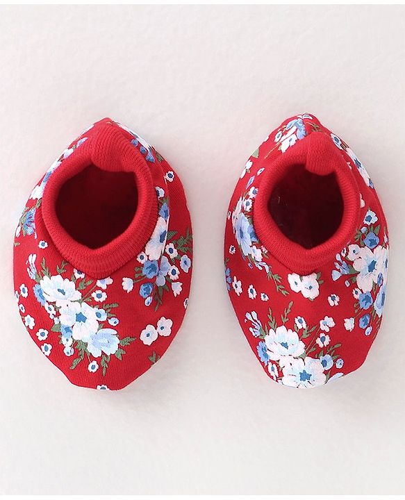 Babyhug 100% Cotton Knit Cap Mittens & Booties Set Floral Print - Red