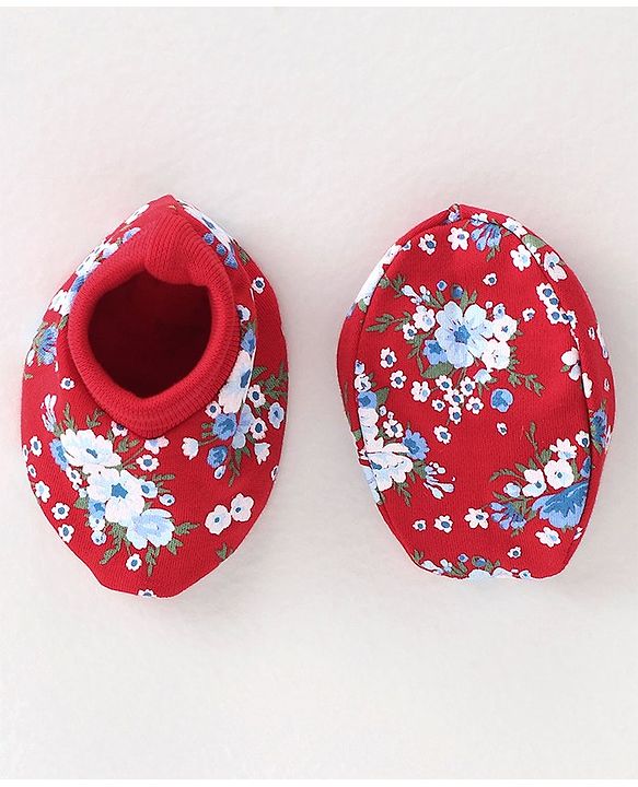 Babyhug 100% Cotton Knit Cap Mittens & Booties Set Floral Print - Red