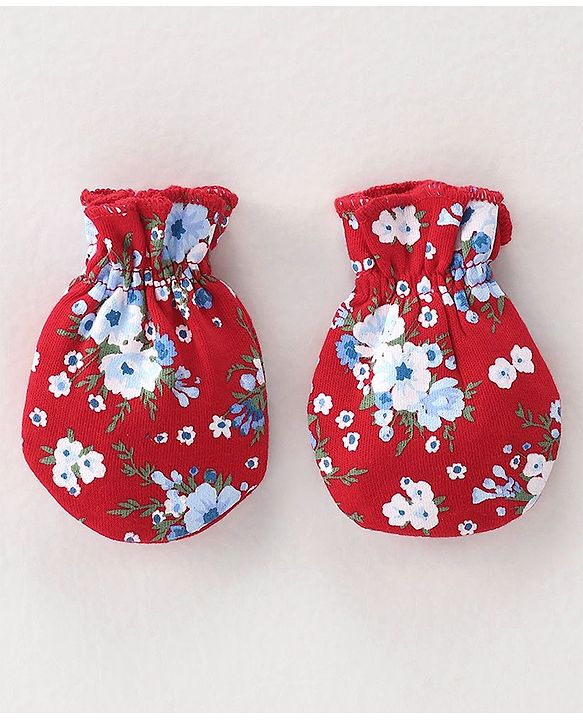 Babyhug 100% Cotton Knit Cap Mittens & Booties Set Floral Print - Red