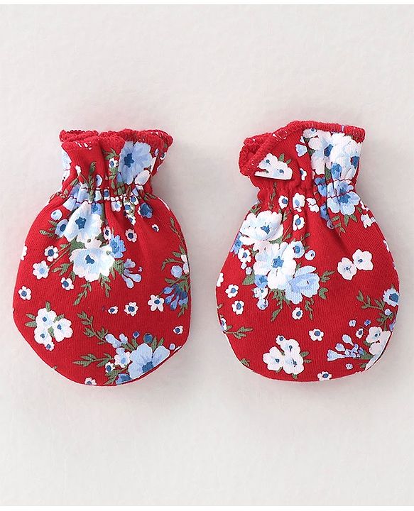 Babyhug 100% Cotton Knit Cap Mittens & Booties Set Floral Print - Red