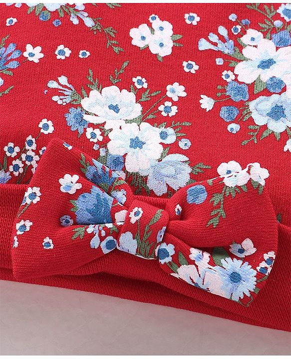 Babyhug 100% Cotton Knit Cap Mittens & Booties Set Floral Print - Red