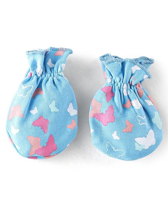 Babyhug 100% Cotton Knit Butterfly  Print Mittens & Booties - Blue