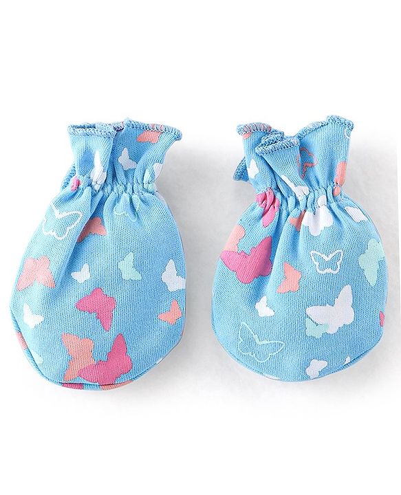 Babyhug 100% Cotton Knit Butterfly  Print Mittens & Booties - Blue