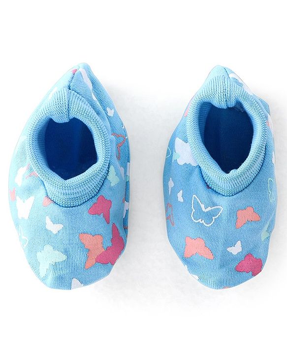 Babyhug 100% Cotton Knit Butterfly  Print Mittens & Booties - Blue