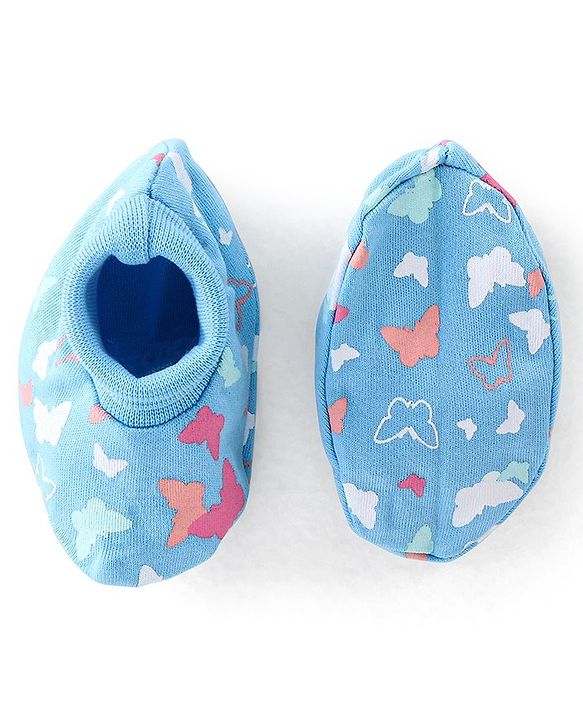 Babyhug 100% Cotton Knit Butterfly  Print Mittens & Booties - Blue