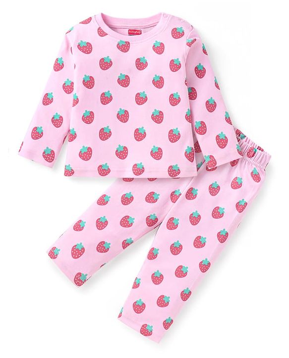 Babyhug Cotton Knit Full Sleeves Night Suit With Strawberry Print - Pink