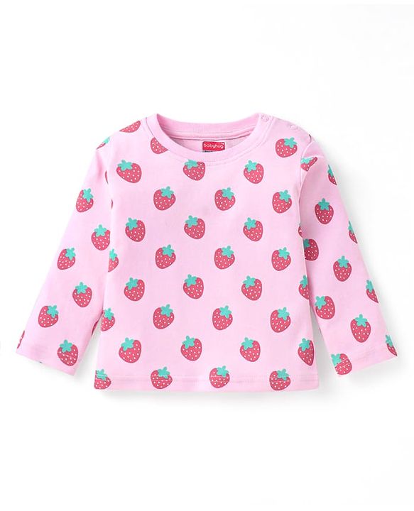 Babyhug Cotton Knit Full Sleeves Night Suit With Strawberry Print - Pink