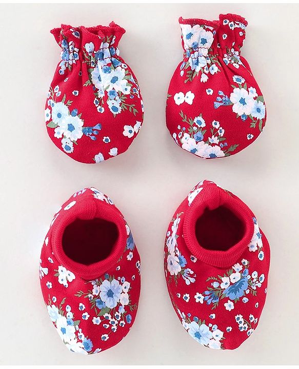 Babyhug 100% Cotton Knit Mittens & Booties Set Floral Print - Red