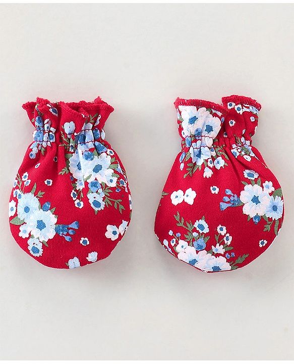 Babyhug 100% Cotton Knit Mittens & Booties Set Floral Print - Red