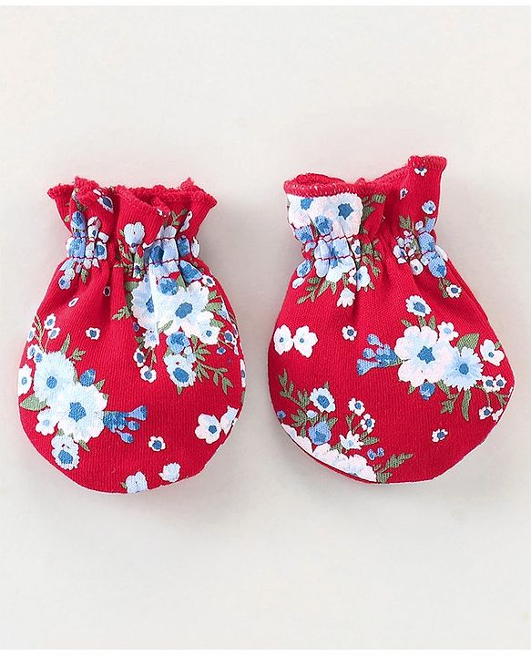Babyhug 100% Cotton Knit Mittens & Booties Set Floral Print - Red