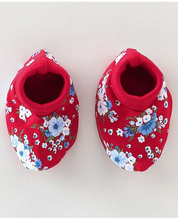 Babyhug 100% Cotton Knit Mittens & Booties Set Floral Print - Red