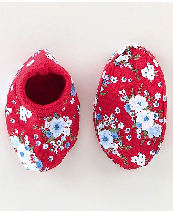 Babyhug 100% Cotton Knit Mittens & Booties Set Floral Print - Red