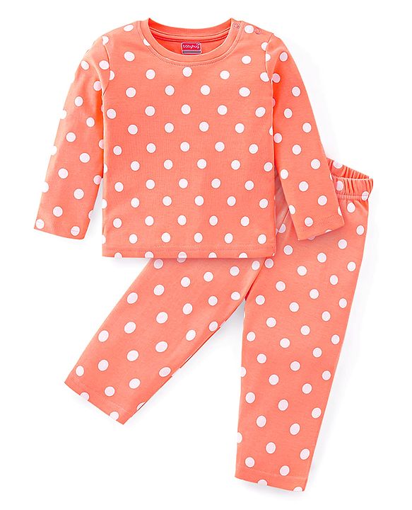 Babyhug Cotton Knit Full Sleeves Polka Dots Printed Night Suit - Orange