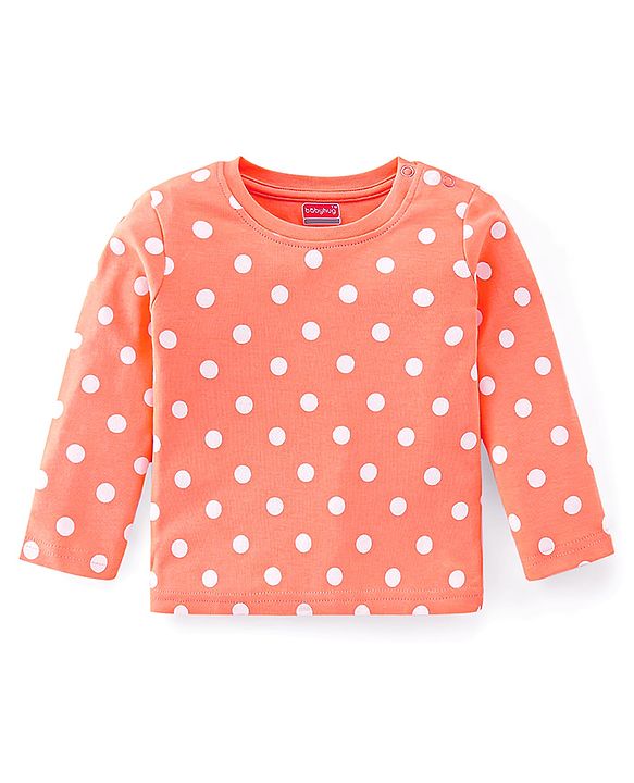 Babyhug Cotton Knit Full Sleeves Polka Dots Printed Night Suit - Orange