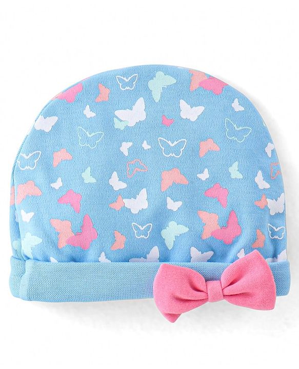 Babyhug 100% Cotton Knit Butterfly Print Cap With Bow Applique - Blue