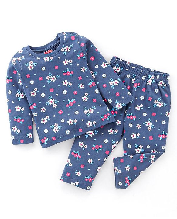 Babyhug Cotton Knit Full Sleeves Floral Print Night Suit - Navy Blue