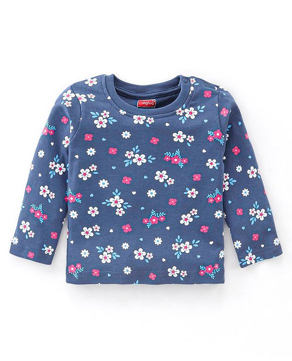 Babyhug Cotton Knit Full Sleeves Floral Print Night Suit - Navy Blue