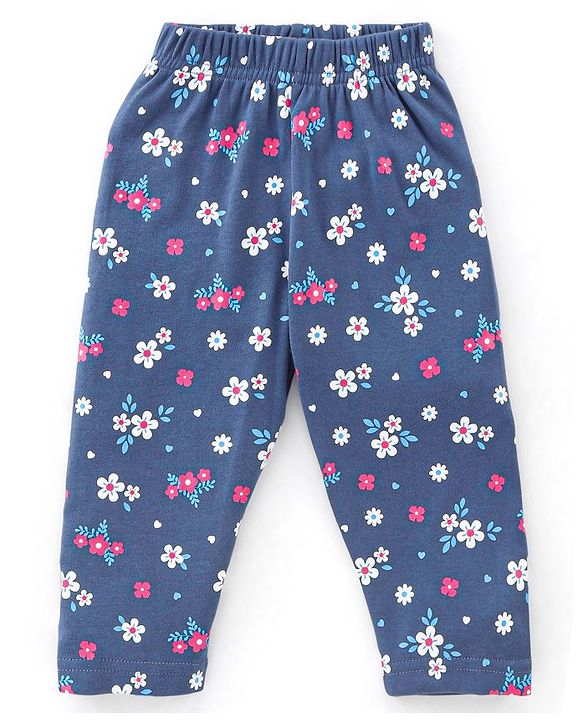Babyhug Cotton Knit Full Sleeves Floral Print Night Suit - Navy Blue