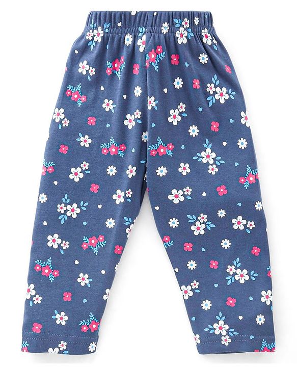 Babyhug Cotton Knit Full Sleeves Floral Print Night Suit - Navy Blue