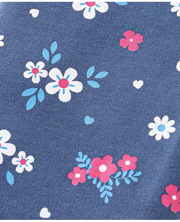 Babyhug Cotton Knit Full Sleeves Floral Print Night Suit - Navy Blue