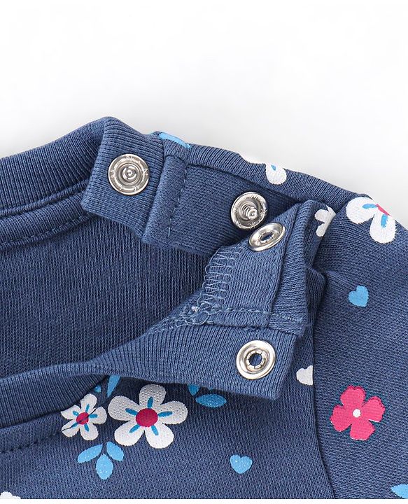 Babyhug Cotton Knit Full Sleeves Floral Print Night Suit - Navy Blue
