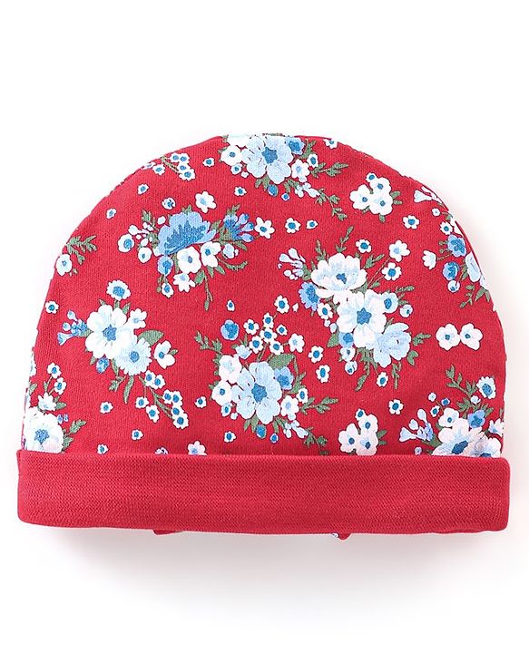 Babyhug 100% Cotton Knit Cap with Floral Design and Bow - Red