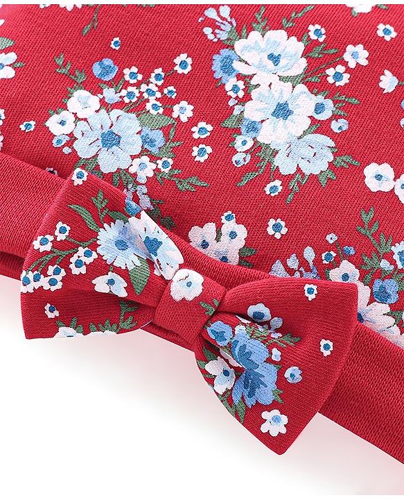 Babyhug 100% Cotton Knit Cap with Floral Design and Bow - Red