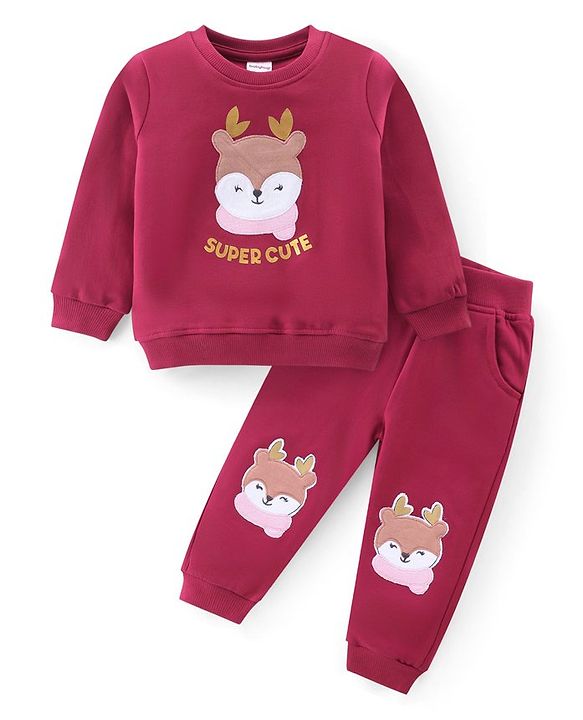 Babyhug 100% Cotton Terry Knit Full Sleeves T-Shirt & Lounge Pant With Bear Patch - Wine