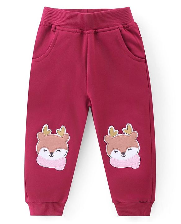 Babyhug 100% Cotton Terry Knit Full Sleeves T-Shirt & Lounge Pant With Bear Patch - Wine
