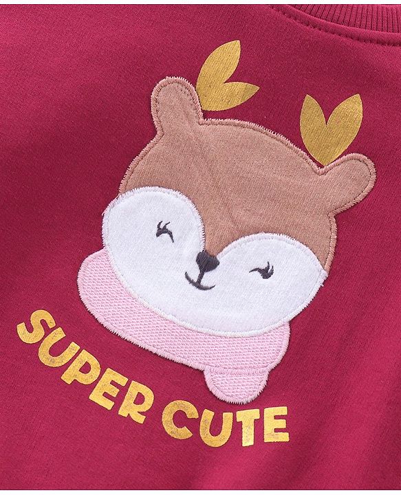 Babyhug 100% Cotton Terry Knit Full Sleeves T-Shirt & Lounge Pant With Bear Patch - Wine