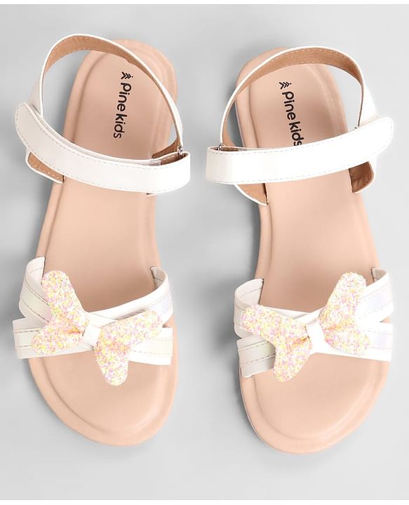 Pine Kids Solid Colored Velcro Closure Party Sandals with Bow - Golden