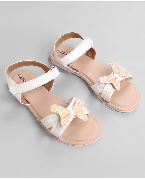 Pine Kids Solid Colored Velcro Closure Party Sandals with Bow - Golden