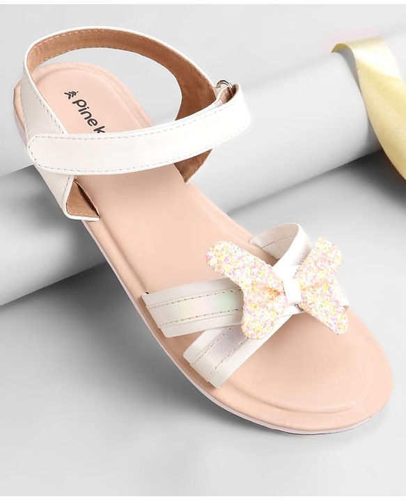 Pine Kids Solid Colored Velcro Closure Party Sandals with Bow - Golden