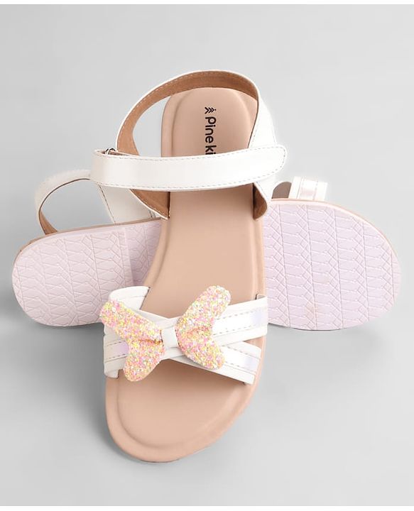 Pine Kids Solid Colored Velcro Closure Party Sandals with Bow - Golden