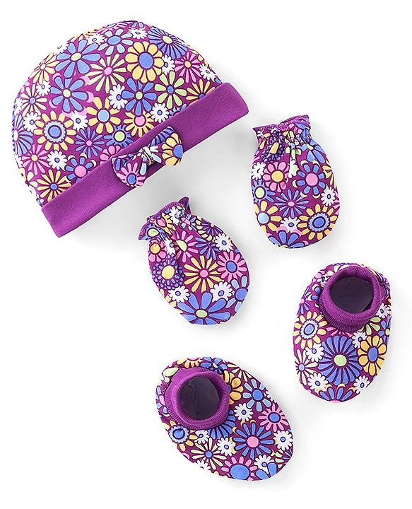 Babyhug 100% Cotton Knit Cap Mittens & Booties Set Floral Print - Purple