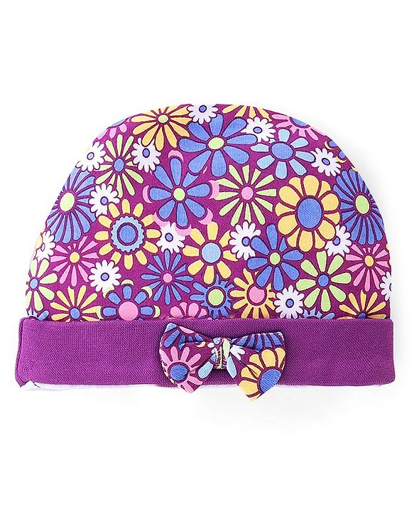 Babyhug 100% Cotton Knit Cap Mittens & Booties Set Floral Print - Purple