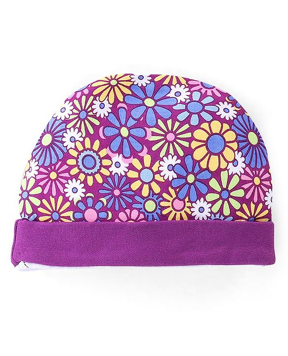 Babyhug 100% Cotton Knit Cap Mittens & Booties Set Floral Print - Purple