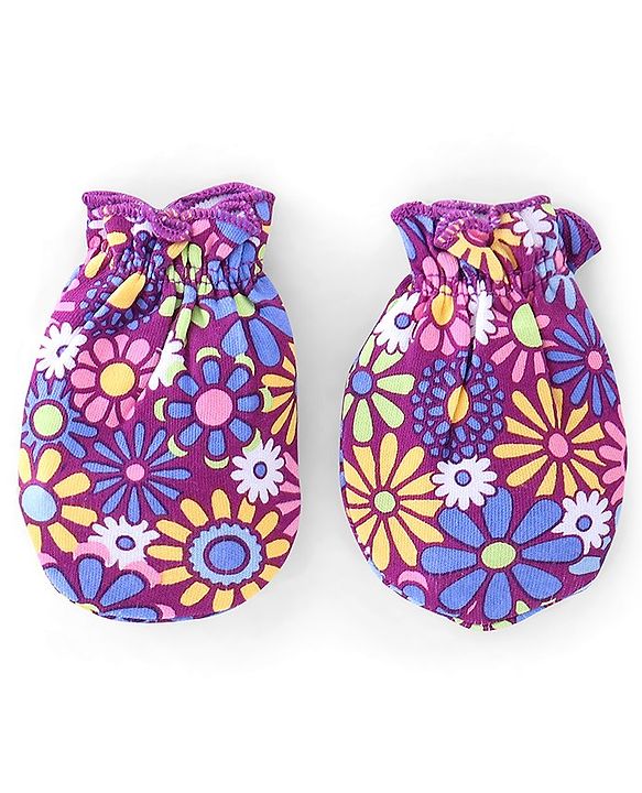 Babyhug 100% Cotton Knit Cap Mittens & Booties Set Floral Print - Purple