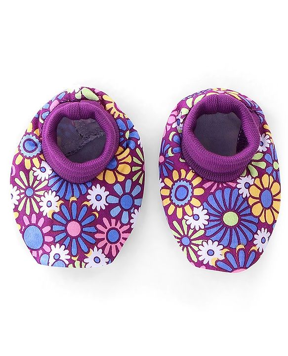 Babyhug 100% Cotton Knit Cap Mittens & Booties Set Floral Print - Purple