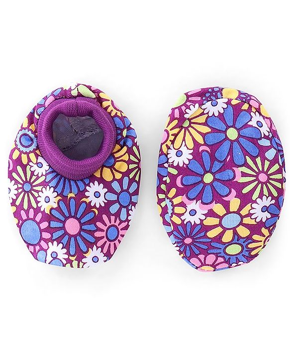 Babyhug 100% Cotton Knit Cap Mittens & Booties Set Floral Print - Purple