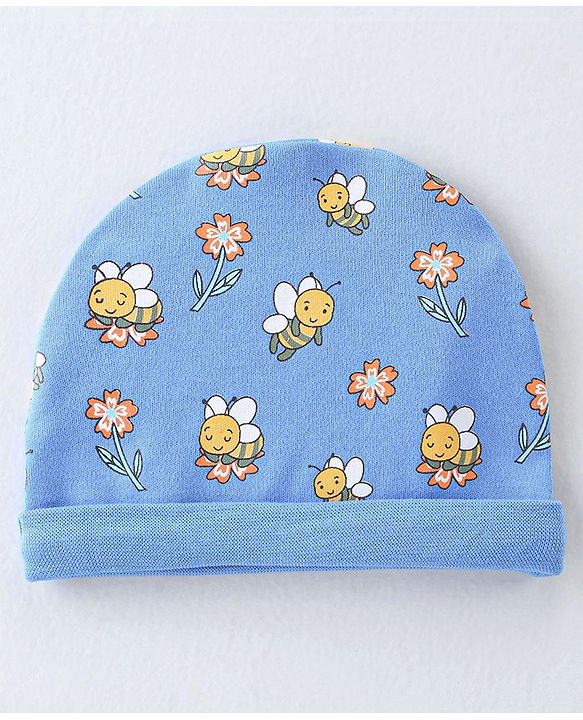 Babyhug 100% Cotton Knit Cap Mittens And Booties Honey Bee Print - Blue