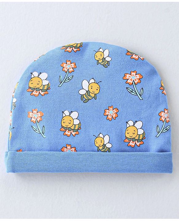 Babyhug 100% Cotton Knit Cap Mittens And Booties Honey Bee Print - Blue