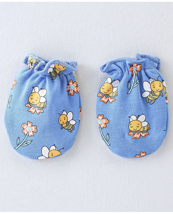 Babyhug 100% Cotton Knit Cap Mittens And Booties Honey Bee Print - Blue