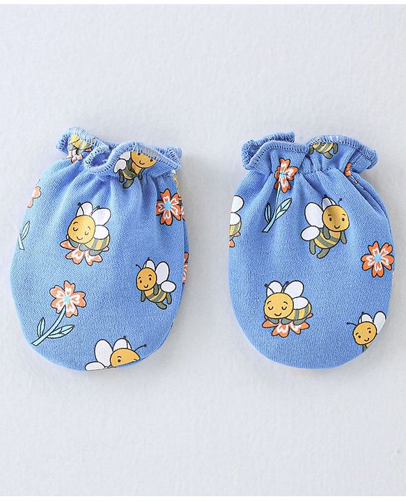 Babyhug 100% Cotton Knit Cap Mittens And Booties Honey Bee Print - Blue