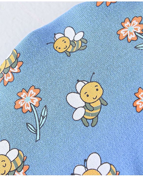 Babyhug 100% Cotton Knit Cap Mittens And Booties Honey Bee Print - Blue