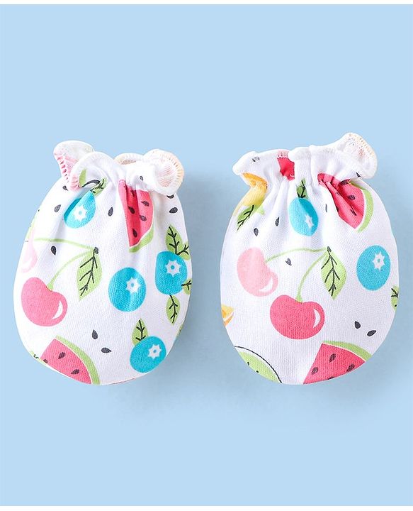 Babyhug 100% Cotton Knit Apple Print Mittens & Booties - Multicolour