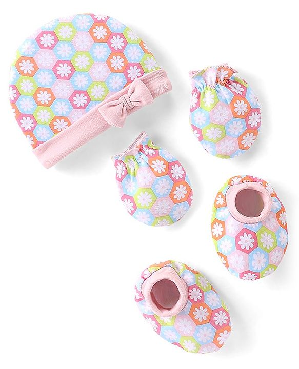 Babyhug 100% Cotton Knit Cap Mittens & Booties Set Floral Print - Pink