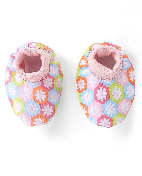 Babyhug 100% Cotton Knit Cap Mittens & Booties Set Floral Print - Pink
