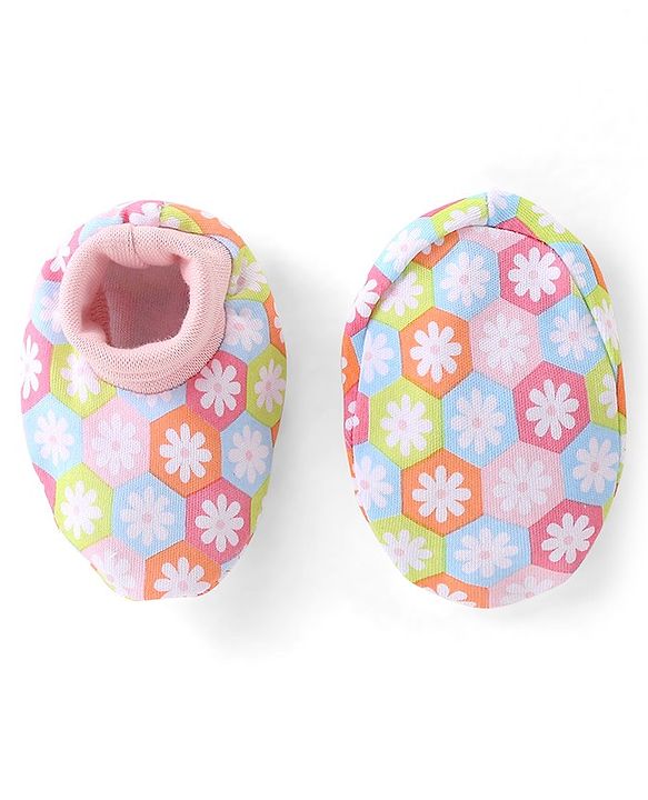 Babyhug 100% Cotton Knit Cap Mittens & Booties Set Floral Print - Pink